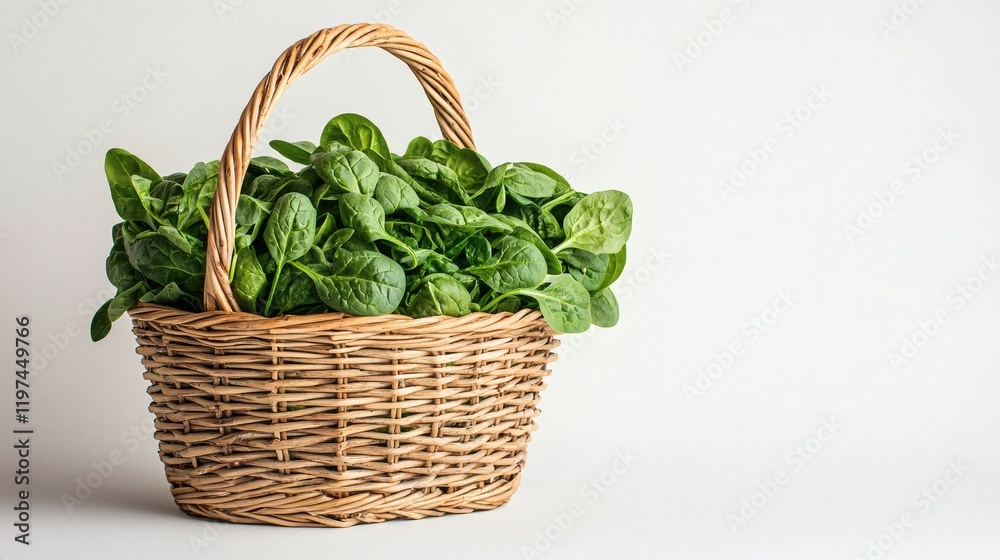 Poster isolated of loose spinach leaves placed in a woven basket for a rustic presentation stock photo with