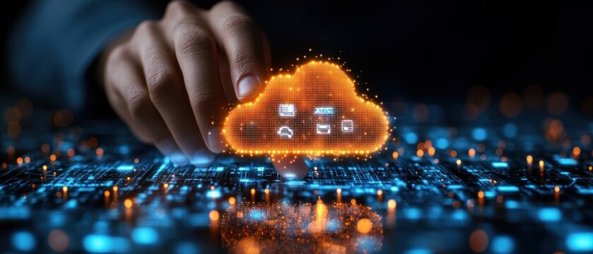 Hand touching glowing cloud data server network
