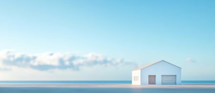 Minimalist Branding Concept with Isolated White Building Against Serene Blue Sky and Calm Waters, Emphasizing Differentiation with Empty Copy Space for Text