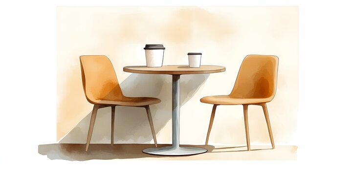 Coffee shop minimal watercolor concept. Cozy cafe setting with two chairs and coffee cups on a round table against a light background.