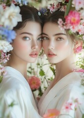 Naklejka premium Two stunning supermodels wearing traditional cheongsam dresses are posing as if in love among spring flowers.