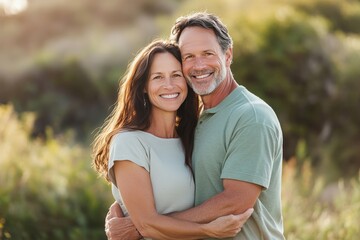 Fototapeta premium A man and a woman are embracing each other joyfully in a field