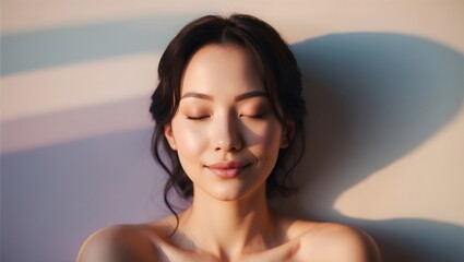 Obraz premium a cinematic photograph of a serene portrait featuring a person, with their eyes closed, a subtle, gentle smile playing on their lips, and soft, warm light casting a flattering glow on their tranquil f