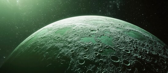 Satellite view of a green planet with cratered surface, featuring empty space for text.