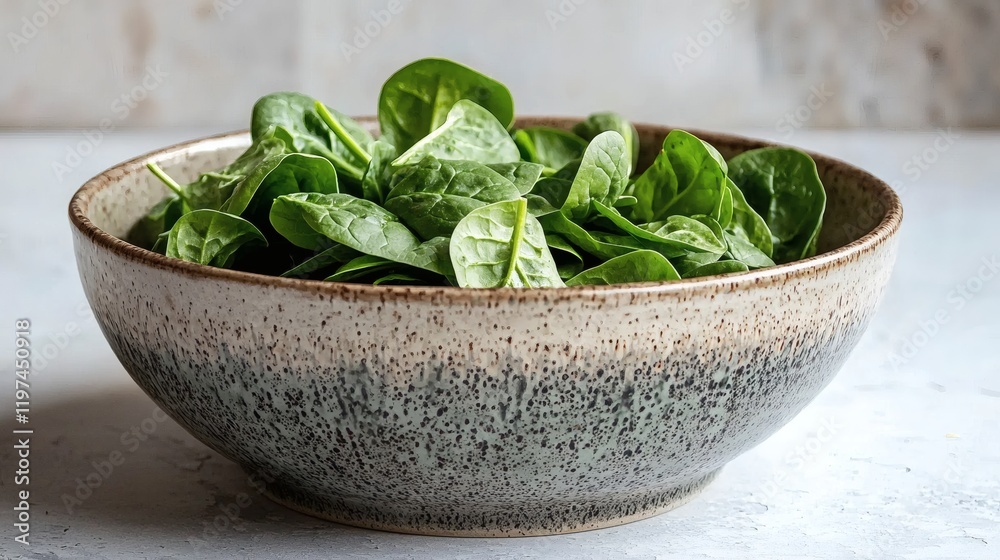Poster isolated of spinach leaves piled in a ceramic bowl with a natural finish on a white background stock