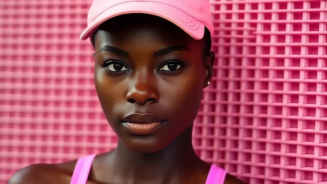 Young black woman wearing pink cap posing against pink background