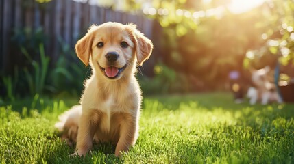A pet trainer teaching a playful puppy essential skills using eco-friendly pet care products in a sunny backyard.