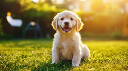 A pet trainer teaching a playful puppy essential skills using eco-friendly pet care products in a sunny backyard.