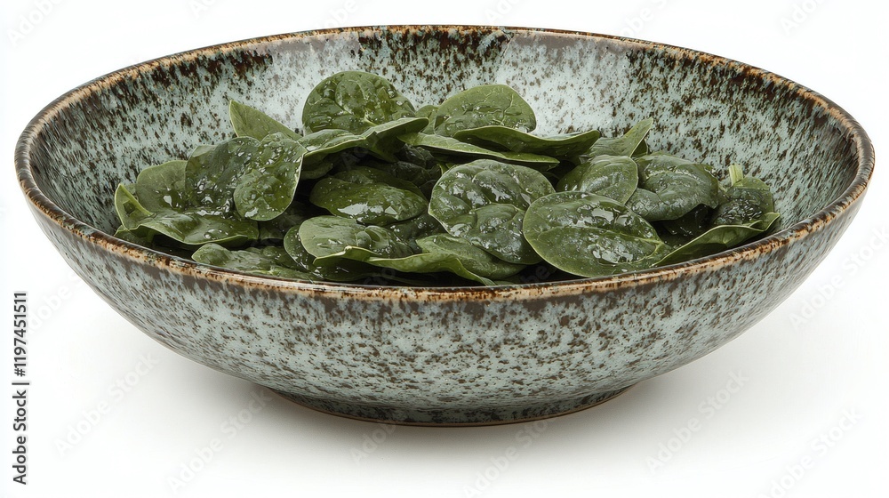 Poster isolated of spinach leaves piled in a ceramic bowl with a natural finish on a white background stock