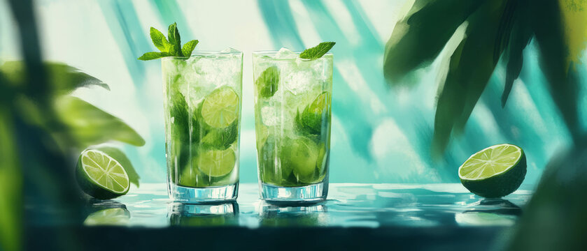 Refreshing mint mojito cocktails served with vibrant limes on a sunny day - Powered by Adobe