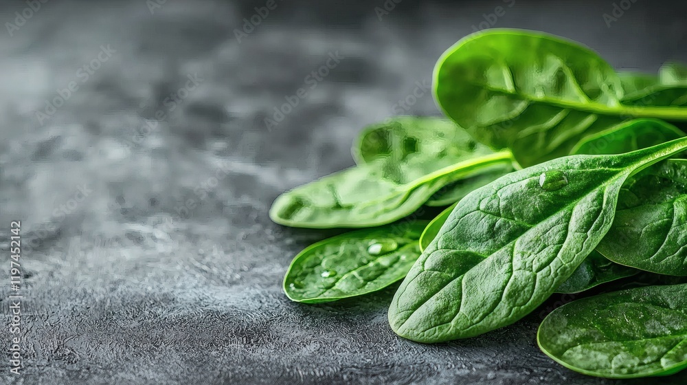 Poster isolated of spinach leaves scattered loosely to create a casual yet fresh presentation stock photo w