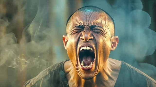 Aggressive male shouting intensely.Bald adult expressing strong emotion.Man yells outdoors,background blurred.Fierce expression captured daylight.Intense vocal display natural setting.Outdoor angst