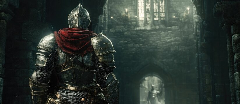 Valiant young knight in gleaming silver armor with red cape standing in dimly lit medieval dungeon showcasing stone walls and illuminated arches