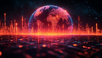 A spherical composition blending a world map with vibrant neon threads connecting major cities, overlaid with stock market symbols and currency icons, Global Nexus