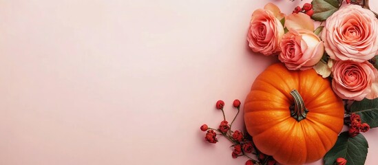 Minimalistic autumn background with orange pumpkin and pink roses on soft peach hue, ideal for text placement in cozy seasonal decor.