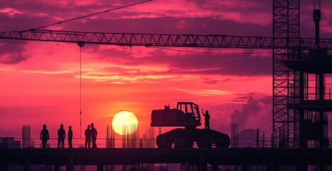 Obraz premium A sunset at a construction site with a city skyline behind