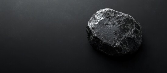 Fototapeta premium Black Moon meteorite positioned on a smooth black surface displaying its intricate textures with ample copyspace for text in the background