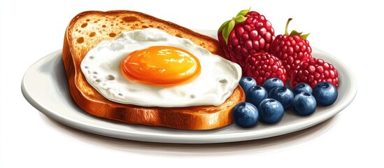 Breakfast Dish Featuring Toast with Sunny Side Up Egg Accompanied by Fresh Blueberries and Raspberries on White Plate, Empty Space for Text