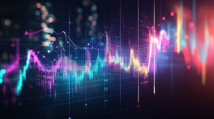 Big data and statistics concept with digital glowing growing graphs and diagrams on night megapolis city background. Double exposure
