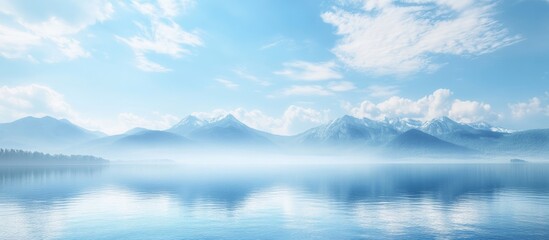Fototapeta premium Majestic mountain range reflections on tranquil lake under bright blue sky with wispy clouds and ample negative space for text inclusion