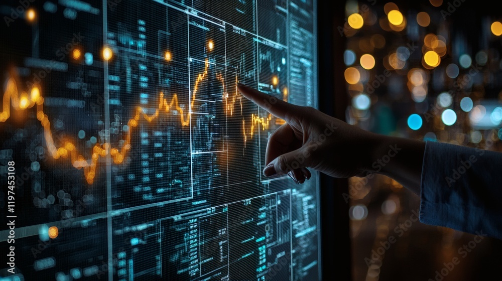 Poster hand point on a 3d financial hud dashboard with augmented reality elements and detailed metric overl