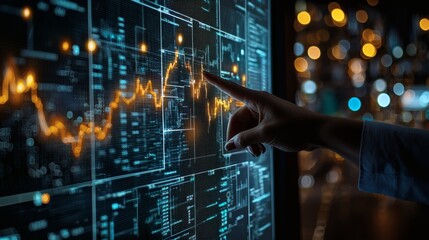 Hand point on a 3D financial HUD dashboard with augmented reality elements and detailed metric overlays Stock Photo with side copy space