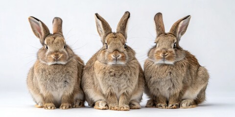 Fototapeta premium A group of angry rabbits sitting together with crossed arms and scowling on a white surface, animal expression, irritated animals, cartoon rabbits, bunny social group, group anger