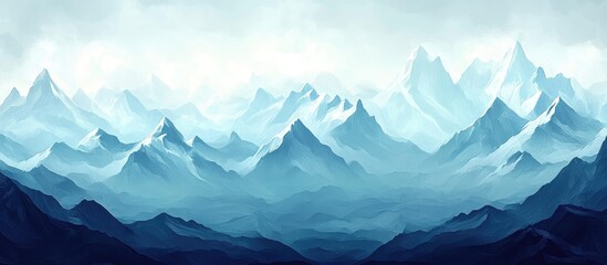 Panoramic landscape of layered blue-toned snowy mountains under a cloudy sky with ample space for overlaying text.
