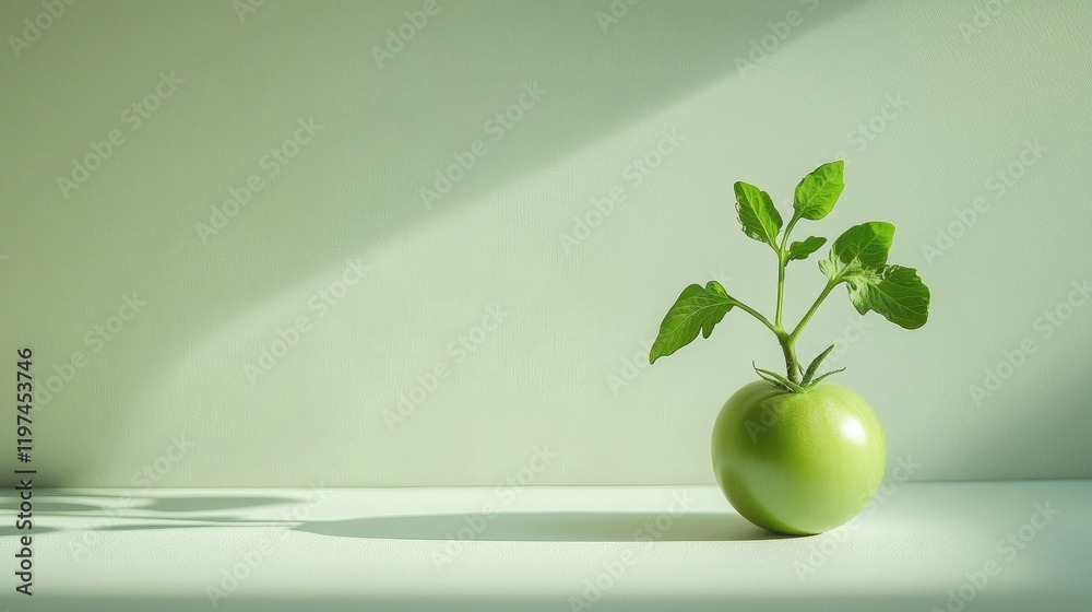 Poster isolated on white background a single ripe tomato with a vibrant red hue and green stem stock photo 