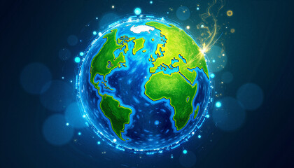 Fototapeta premium Illustration of Earth with glowing elements and blue background