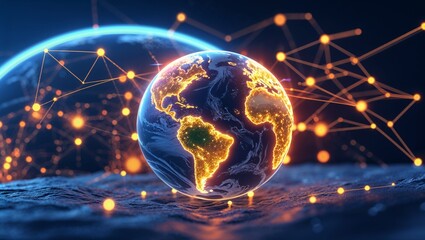 Obraz premium Stunning Digital Earth Visualization with Glowing Trails and Interactive Features for Enhanced Understanding