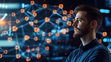 A thoughtful man stands in front of a digital network, symbolizing technology, innovation, and data analysis.
