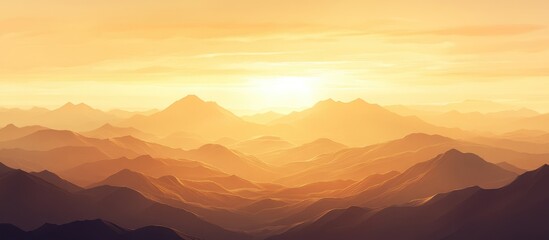 Fototapeta premium Mountainous landscape at sunset with golden light illuminating valleys and peaks, featuring empty copy space for text.