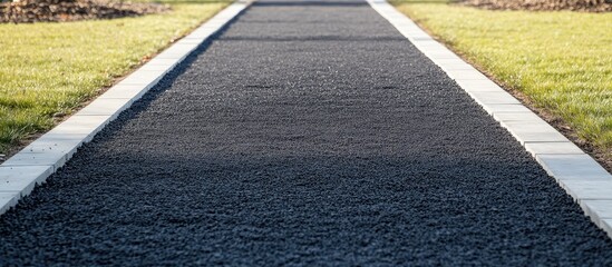 Obraz premium Empty asphalt path lined with light gray concrete edges surrounded by vibrant green grass in a sunny outdoor setting with clear blue sky.