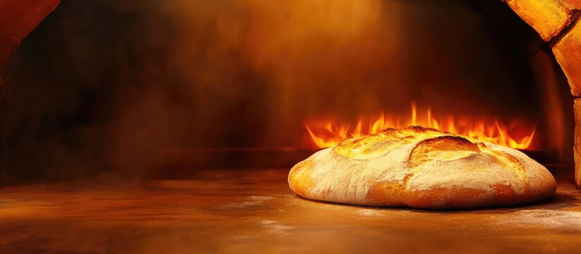 Freshly baked bread in a stone oven with a golden crust and steam rising, featuring empty space for text integration.
