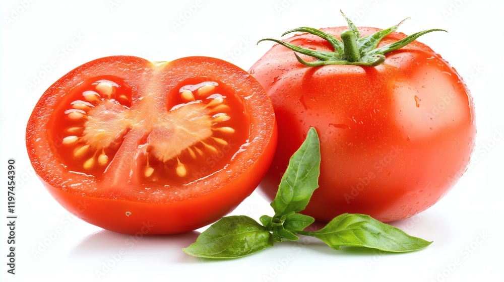 Aufkleber isolated on white background a halved tomato with visible seeds and a glistening surface stock photo