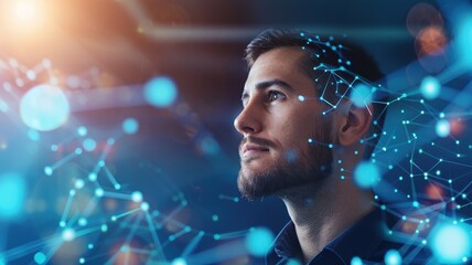 A man contemplates amidst a digital network of glowing nodes and connections, symbolizing technology and innovation.