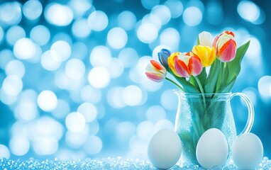 Beautiful Spring Tulips and Easter Eggs in Glass Pitcher