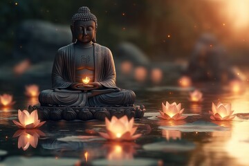 Buddha statue surrounded by glowing lotus flowers on a tranquil lake during sunset