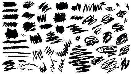 Set of hand drawn chalk different black doodles, stripes and strokes in grunge style, collection of hand drawn chalk broad strokes on white background, brushes of different designs for decoration