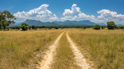 Obraz premium Scenic Dirt Road Leading to Mountains under Blue Sky