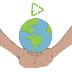 Hands holding planet with waste recycling sign, nature conservation and save environment concept, ecology concept, green recycle icon, rotation arrow symbol, World Earth Day Concept
