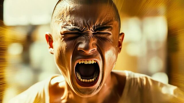 Young Asian male screaming intensely Emotional portrait captured natural light Athlete motivated competition outdoors Daytime intensity focused Moment peak exertion Outburst broad daylight