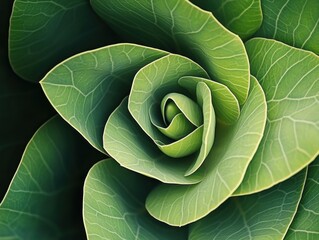 Obraz premium Close-up view of a vibrant green plant showcasing intricate leaf patterns and a spiral formation in a natural setting