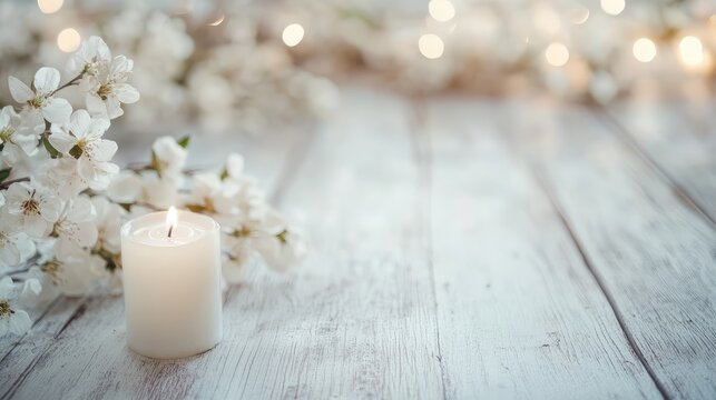 White wooden table with candle and flowers for baby shower or christening event, blurred background with festive decorations, soft pastel theme.
