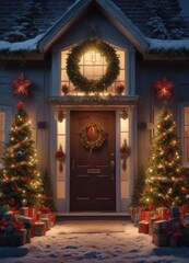 A house with a stunning Christmas tree and a beautiful wreath on the front door, christmas tree, winter scene