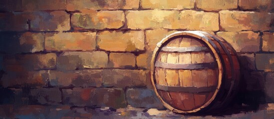 Rustic wooden barrel positioned against warm-toned brick wall in an atmospheric digital painting with ample empty space for text.