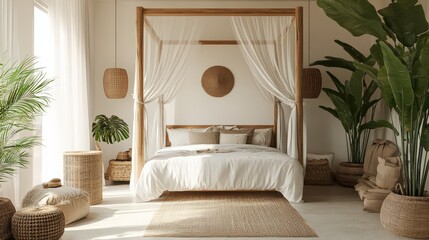 A serene bedroom with natural tones, a canopy bed, and large plants adding freshness to the space.