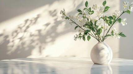 Fototapeta premium A sleek marble table with a minimalist vase and fresh flowers, illuminated by natural light