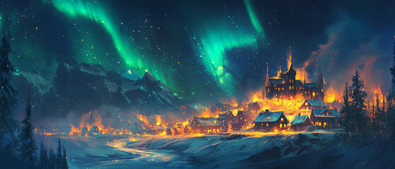 Obraz premium Northern lights illuminate a small town under a vibrant sky filled with color